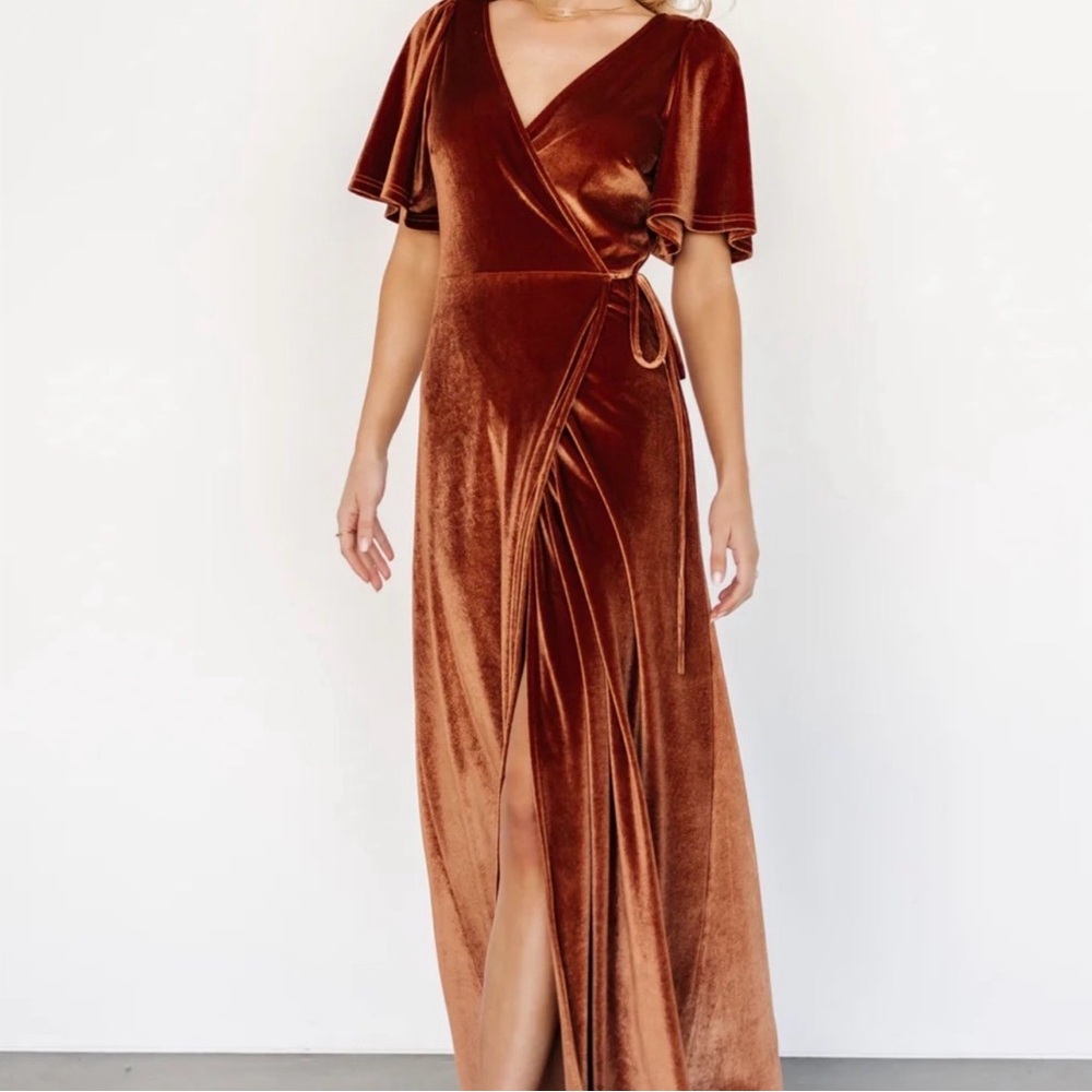 Baltic Born Elegant Velvet Wrap Dress in Rich Bronze